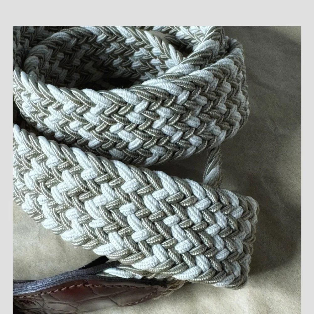 Crookhorn Belt Brown Croc Woven Braided Taupe Cream Brass Buckle Size 44